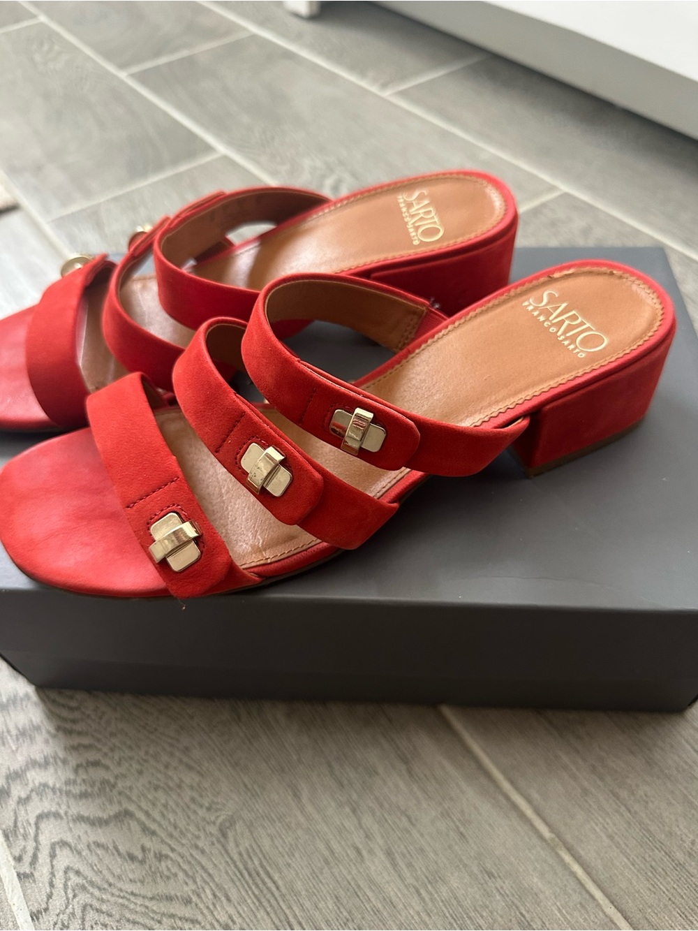 SARTO By Franco Sarto Red Suede Triple Strap Block Heel - Size 8